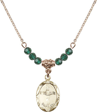 18" Hamilton Gold Plated Necklace with 4mm Emerald Crystal Beads featuring a 14kt Gold Filled Baptism Medal. Engraved Catholic Saint Jewelry