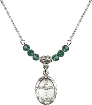 18" Rhodium Plated Necklace with 4mm Emerald Crystal Beads featuring a Sterling Silver Baptism Medal. Engraved Catholic Saint Jewelry