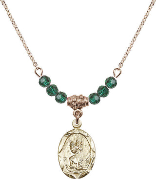 18" Hamilton Gold Plated Necklace with 4mm Emerald Crystal Beads featuring a 14kt Gold Filled Saint Christopher Medal. Engraved Catholic Saint Jewelry