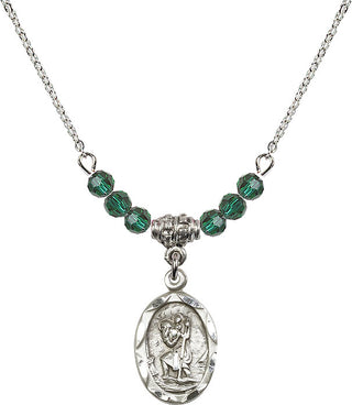 18" Rhodium Plated Necklace with 4mm Emerald Crystal Beads featuring a Sterling Silver Saint Christopher Medal. Engraved Catholic Saint Jewelry