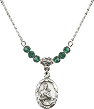 18" Rhodium Plated Necklace with 4mm Emerald Crystal Beads featuring a Sterling Silver Saint Gerard Medal. Engraved Catholic Saint Jewelry