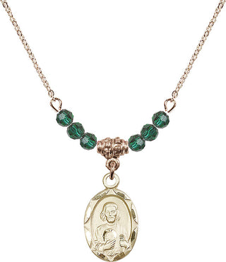18" Hamilton Gold Plated Necklace with 4mm Emerald Crystal Beads featuring a 14kt Gold Filled Saint Jude Medal. Engraved Catholic Saint Jewelry