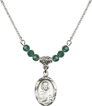 18" Rhodium Plated Necklace with 4mm Emerald Crystal Beads featuring a Sterling Silver Saint Jude Medal. Engraved Catholic Saint Jewelry