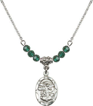 18" Rhodium Plated Necklace with 4mm Emerald Crystal Beads featuring a Sterling Silver Saint Michael the Archangel Medal.