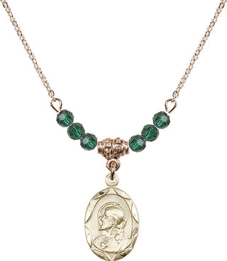 18" Hamilton Gold Plated Necklace with 4mm Emerald Crystal Beads featuring a 14kt Gold Filled Scapular Medal.
