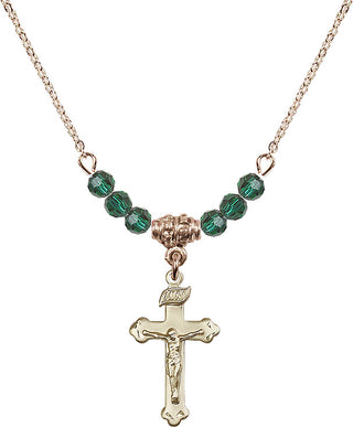18" Hamilton Gold Plated Necklace with 4mm Emerald Crystal Beads featuring a 14kt Gold Filled Crucifix Medal.