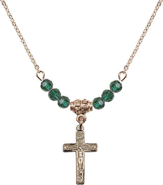 18" Hamilton Gold Plated Necklace with 4mm Emerald Crystal Beads featuring a 14kt Gold Filled Crucifix Medal.