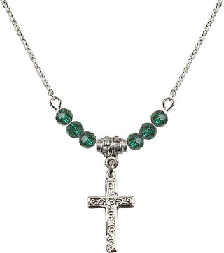 18" Rhodium Plated Necklace with 4mm Emerald Crystal Beads featuring a Sterling Silver Cross Medal.
