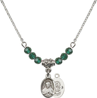 18" Rhodium Plated Necklace with 4mm Emerald Crystal Beads featuring a Sterling Silver Scapular Medal.