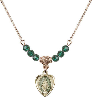 18" Hamilton Gold Plated Necklace with 4mm Emerald Crystal Beads featuring a 14kt Gold Filled Miraculous Medal.