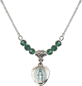 18" Rhodium Plated Necklace with 4mm Emerald Crystal Beads featuring a Sterling Silver Miraculous Medal.