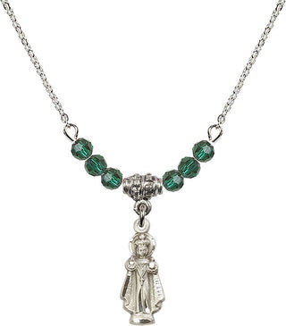 18" Rhodium Plated Necklace with 4mm Emerald Crystal Beads featuring a Sterling Silver Infant of Prague Medal.