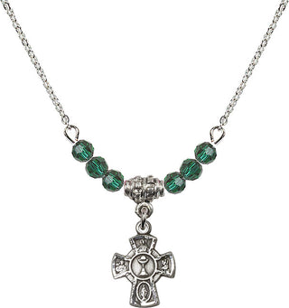 18" Rhodium Plated Necklace with 4mm Emerald Crystal Beads featuring a Sterling Silver 5-Way / Chalice Medal.