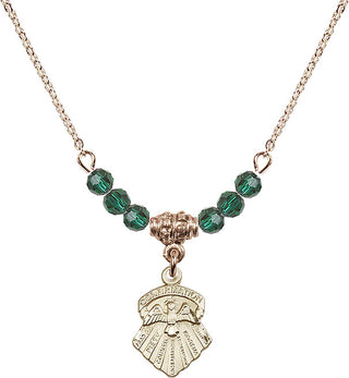 18" Hamilton Gold Plated Necklace with 4mm Emerald Crystal Beads featuring a 14kt Gold Filled Seven Gifts Medal.
