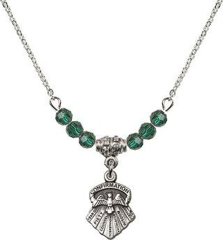 18" Rhodium Plated Necklace with 4mm Emerald Crystal Beads featuring a Sterling Silver Seven Gifts Medal.