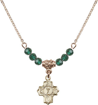 18" Hamilton Gold Plated Necklace with 4mm Emerald Crystal Beads featuring a 14kt Gold Filled Communion 5-Way Medal.
