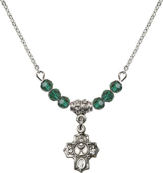 18" Rhodium Plated Necklace with 4mm Emerald Crystal Beads featuring a Sterling Silver Communion 5-Way Medal.