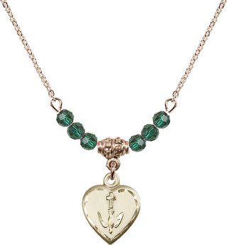 18" Hamilton Gold Plated Necklace with 4mm Emerald Crystal Beads featuring a 14kt Gold Filled Heart / Confirmation Medal.