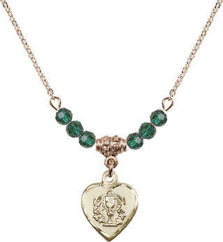 18" Hamilton Gold Plated Necklace with 4mm Emerald Crystal Beads featuring a 14kt Gold Filled Heart / Communion Medal.