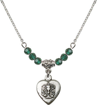 18" Rhodium Plated Necklace with 4mm Emerald Crystal Beads featuring a Sterling Silver Heart / Communion Medal.