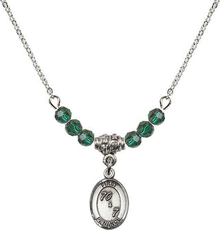 18" Rhodium Plated Necklace with 4mm Emerald Crystal Beads featuring a Sterling Silver First Penance Medal.