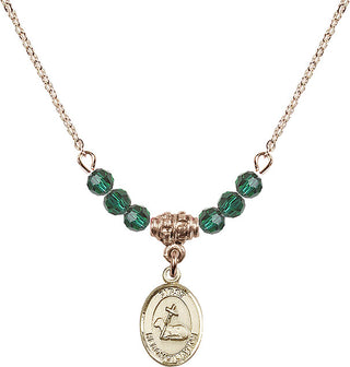 18" Hamilton Gold Plated Necklace with 4mm Emerald Crystal Beads featuring a 14kt Gold Filled First Reconciliation Medal.