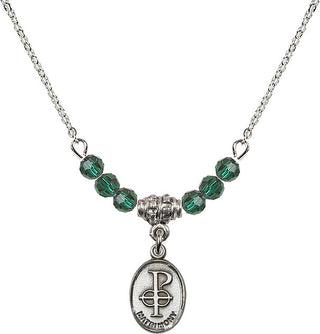 18" Rhodium Plated Necklace with 4mm Emerald Crystal Beads featuring a Sterling Silver Matrimony Medal.