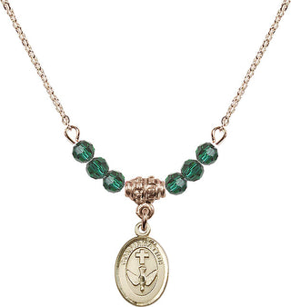 18" Hamilton Gold Plated Necklace with 4mm Emerald Crystal Beads featuring a 14kt Gold Filled Confirmation Medal.