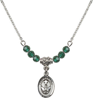 18" Rhodium Plated Necklace with 4mm Emerald Crystal Beads featuring a Sterling Silver Confirmation Medal.