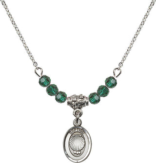 18" Rhodium Plated Necklace with 4mm Emerald Crystal Beads featuring a Sterling Silver Baptism Medal.