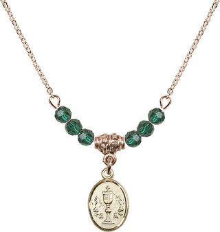 18" Hamilton Gold Plated Necklace with 4mm Emerald Crystal Beads featuring a 14kt Gold Filled Chalice Medal.