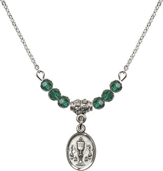 18" Rhodium Plated Necklace with 4mm Emerald Crystal Beads featuring a Sterling Silver Chalice Medal.