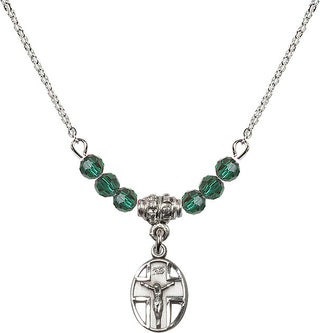 18" Rhodium Plated Necklace with 4mm Emerald Crystal Beads featuring a Sterling Silver Crucifix Medal.