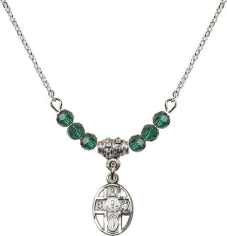 18" Rhodium Plated Necklace with 4mm Emerald Crystal Beads featuring a Sterling Silver 5-Way / Chalice Medal.