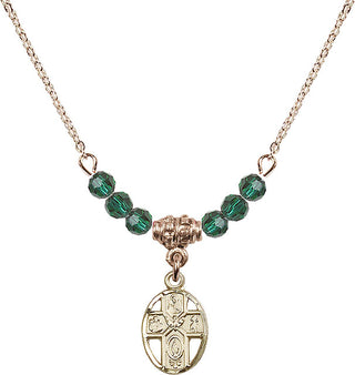 18" Hamilton Gold Plated Necklace with 4mm Emerald Crystal Beads featuring a 14kt Gold Filled 5-Way Medal.