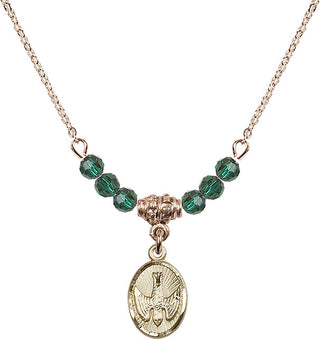 18" Hamilton Gold Plated Necklace with 4mm Emerald Crystal Beads featuring a 14kt Gold Filled Holy Spirit Medal.