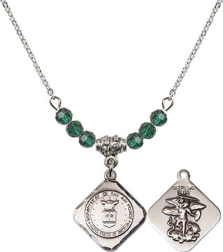 18" Rhodium Plated Necklace with 4mm Emerald Crystal Beads featuring a Sterling Silver Air Force Diamond Medal.