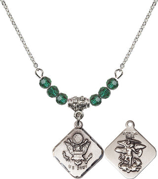 18" Rhodium Plated Necklace with 4mm Emerald Crystal Beads featuring a Sterling Silver Army Diamond Medal.