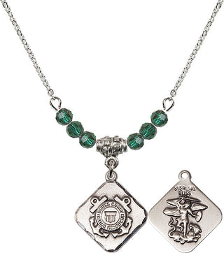 18" Rhodium Plated Necklace with 4mm Emerald Crystal Beads featuring a Sterling Silver Coast Guard Diamond Medal.