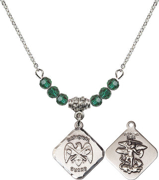 18" Rhodium Plated Necklace with 4mm Emerald Crystal Beads featuring a Sterling Silver Nat'l Guard Diamond Medal.