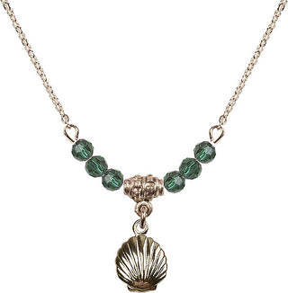 18" Hamilton Gold Plated Necklace with 4mm Emerald Crystal Beads featuring a 14kt Gold Filled Shell Medal.