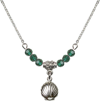 18" Rhodium Plated Necklace with 4mm Emerald Crystal Beads featuring a Sterling Silver Shell Medal.