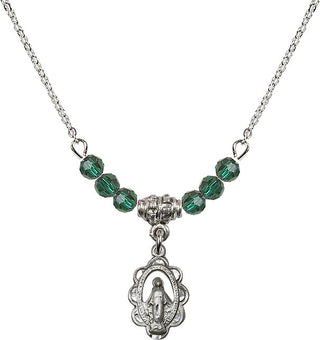 18" Rhodium Plated Necklace with 4mm Emerald Crystal Beads featuring a Sterling Silver Miraculous Medal.