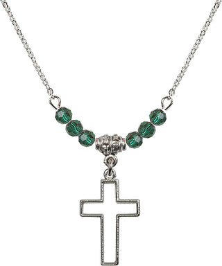 18" Rhodium Plated Necklace with 4mm Emerald Crystal Beads featuring a Sterling Silver Cross Medal.