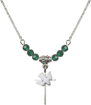 18" Rhodium Plated Necklace with 4mm Emerald Crystal Beads featuring a Sterling Silver Cross / Holy Spirit Medal.