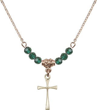 18" Hamilton Gold Plated Necklace with 4mm Emerald Crystal Beads featuring a 14kt Gold Filled Maltese Cross Medal.