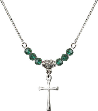 18" Rhodium Plated Necklace with 4mm Emerald Crystal Beads featuring a Sterling Silver Maltese Cross Medal.
