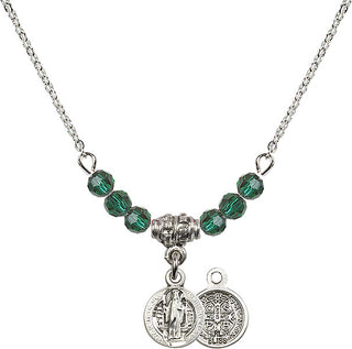18" Rhodium Plated Necklace with 4mm Emerald Crystal Beads featuring a Sterling Silver Saint Benedict Medal.