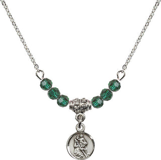 18" Rhodium Plated Necklace with 4mm Emerald Crystal Beads featuring a Sterling Silver Saint Christopher Medal.