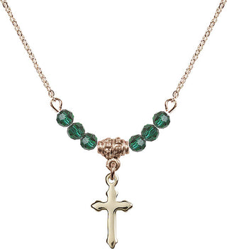 18" Hamilton Gold Plated Necklace with 4mm Emerald Crystal Beads featuring a 14kt Gold Filled Cross Medal.